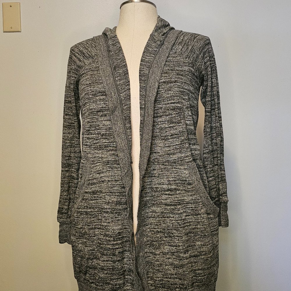 Longline cotton-spandex hooded cardigan with big pockets